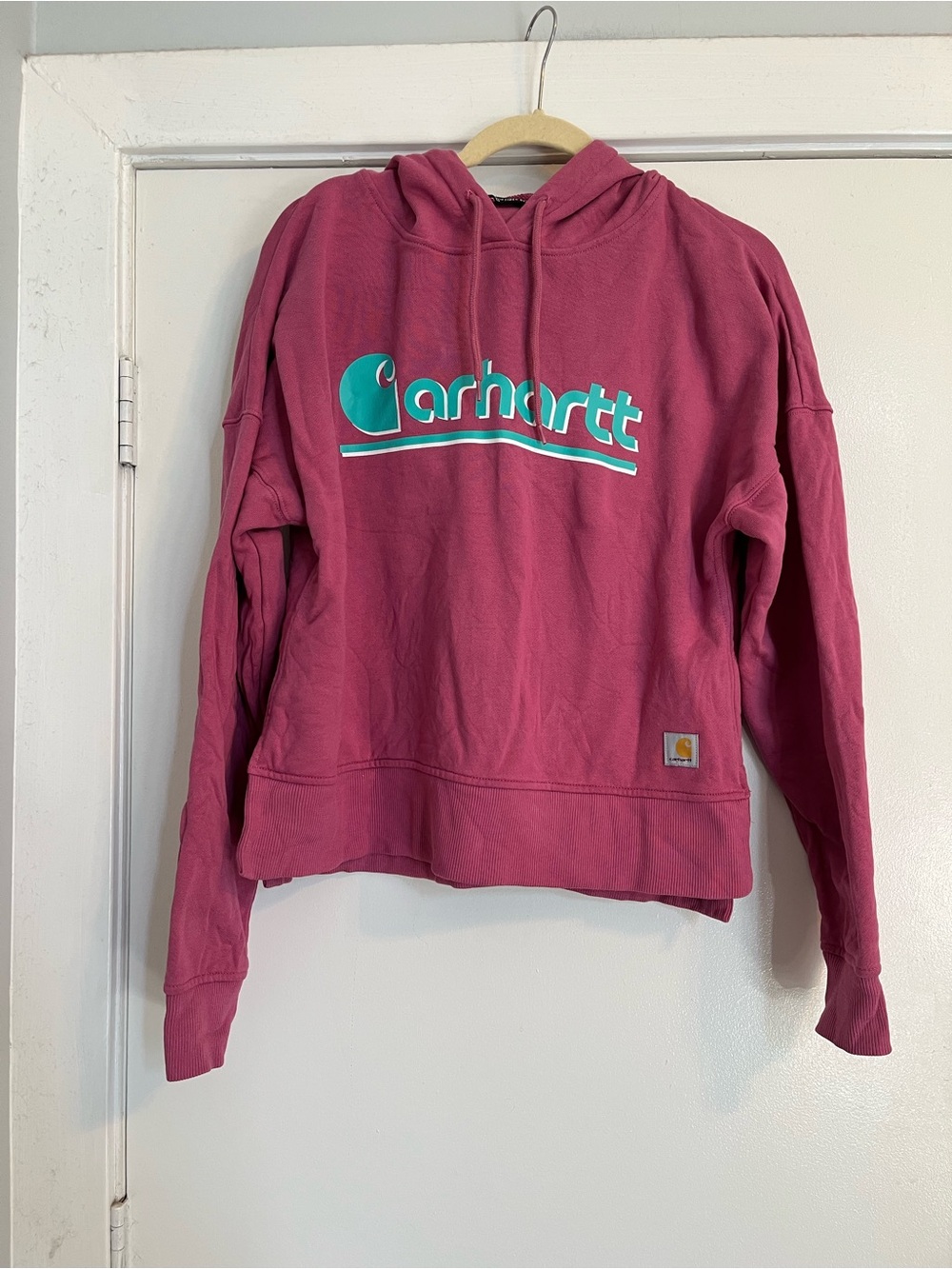 Carhartt Women's Pink Graphic Hooded Sweatshirt Teal Logo hoodie small